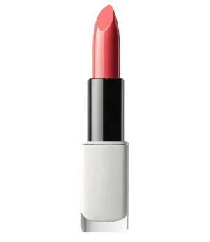 Coral Kiss Satin Lipstick coral pink bullet in white chrome case